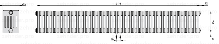 Схема (чертеж) Радиатор Zehnder Charleston 6035/46 №5410 Белый глянцевый RAL 9016